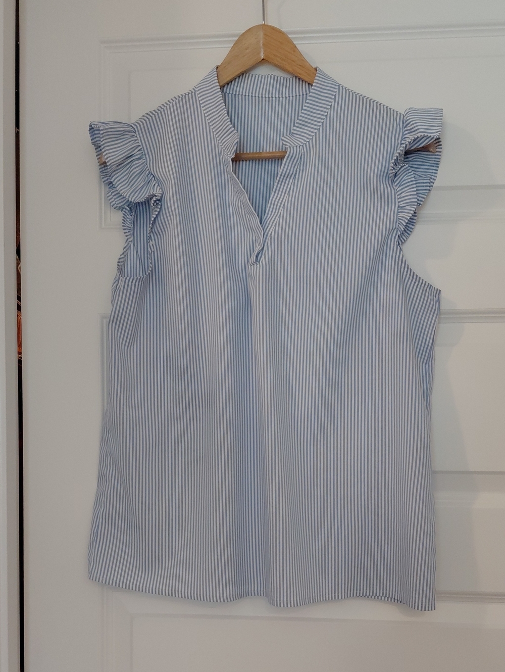 SHEIN Light Blue & White Striped Ruffle Sleeve Blouse